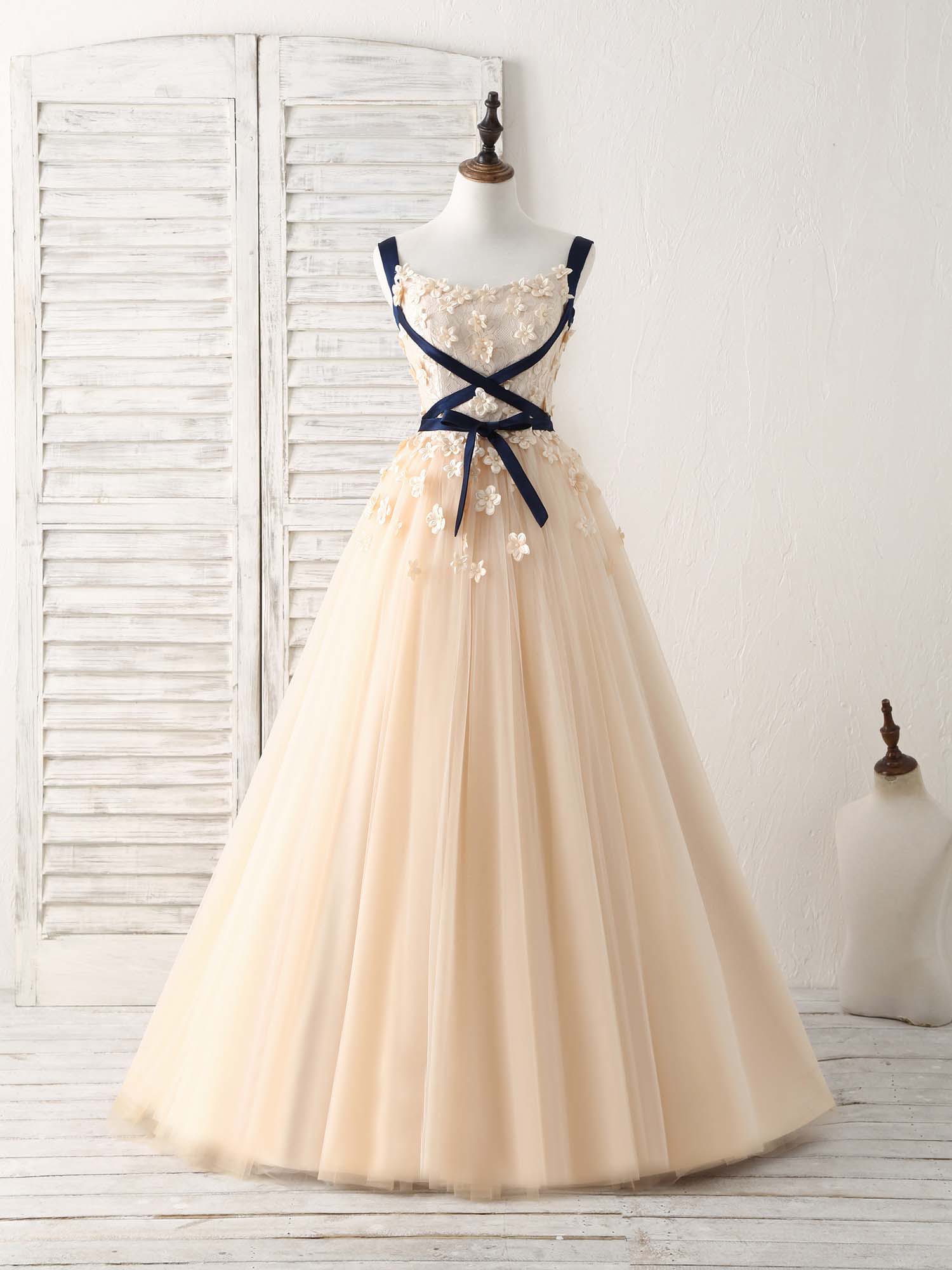 Unique Champagne Lace Tulle Long Corset Prom Dress, Champagne Evening outfit, Bridesmaid Dress Designers