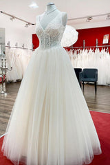 Unique Ivory Long Princess V-neck Tulle Lace Corset Wedding Dress outfit, Wedding Dressed Lace