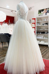 Unique Ivory Long Princess V-neck Tulle Lace Corset Wedding Dress outfit, Wedding Dresse Lace