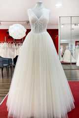 Unique Ivory Long Princess V-neck Tulle Lace Corset Wedding Dress outfit, Wed Dress Lace