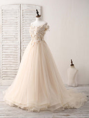 Unique Lace Applique Tulle Long Champagne Corset Prom Dresses Sweet 16 Dress outfit, Bridesmaid Dresses Blush Pink