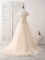 Unique Lace Applique Tulle Long Champagne Corset Prom Dresses Sweet 16 Dress outfit, Elegant Wedding Dress