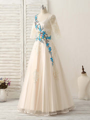 Unique Lace Applique Tulle Long Corset Prom Dress Light Champagne Corset Bridesmaid Dress outfit, Sparklie Dress