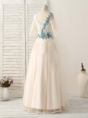 Unique Lace Applique Tulle Long Corset Prom Dress Light Champagne Corset Bridesmaid Dress outfit, Party Dress Halter Neck