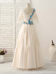 Unique Lace Applique Tulle Long Corset Prom Dress Light Champagne Corset Bridesmaid Dress outfit, Party Dresses Halter Neck