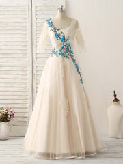 Unique Lace Applique Tulle Long Corset Prom Dress Light Champagne Corset Bridesmaid Dress outfit, Classy Outfit Women