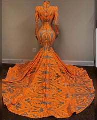 Unique Orange Long Sleeves Mermaid Corset Prom Dress Sequins Gowns, Bridesmaid Dresses Gold