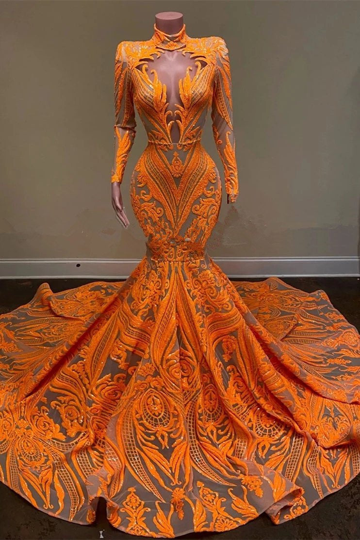 Unique Orange Long Sleeves Mermaid Corset Prom Dress Sequins Gowns, Bridesmaids Dresses Gold
