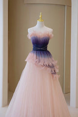 Unique Pink Gradient Long Corset Prom Dress, A-Line Strapless Evening Party Dress Outfits, Sparklie Prom Dress