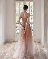 Unique Pink Tulle Long Corset Prom Dress, Tulle Pink Evening Dress outfit, Prom Dresses Sleeve