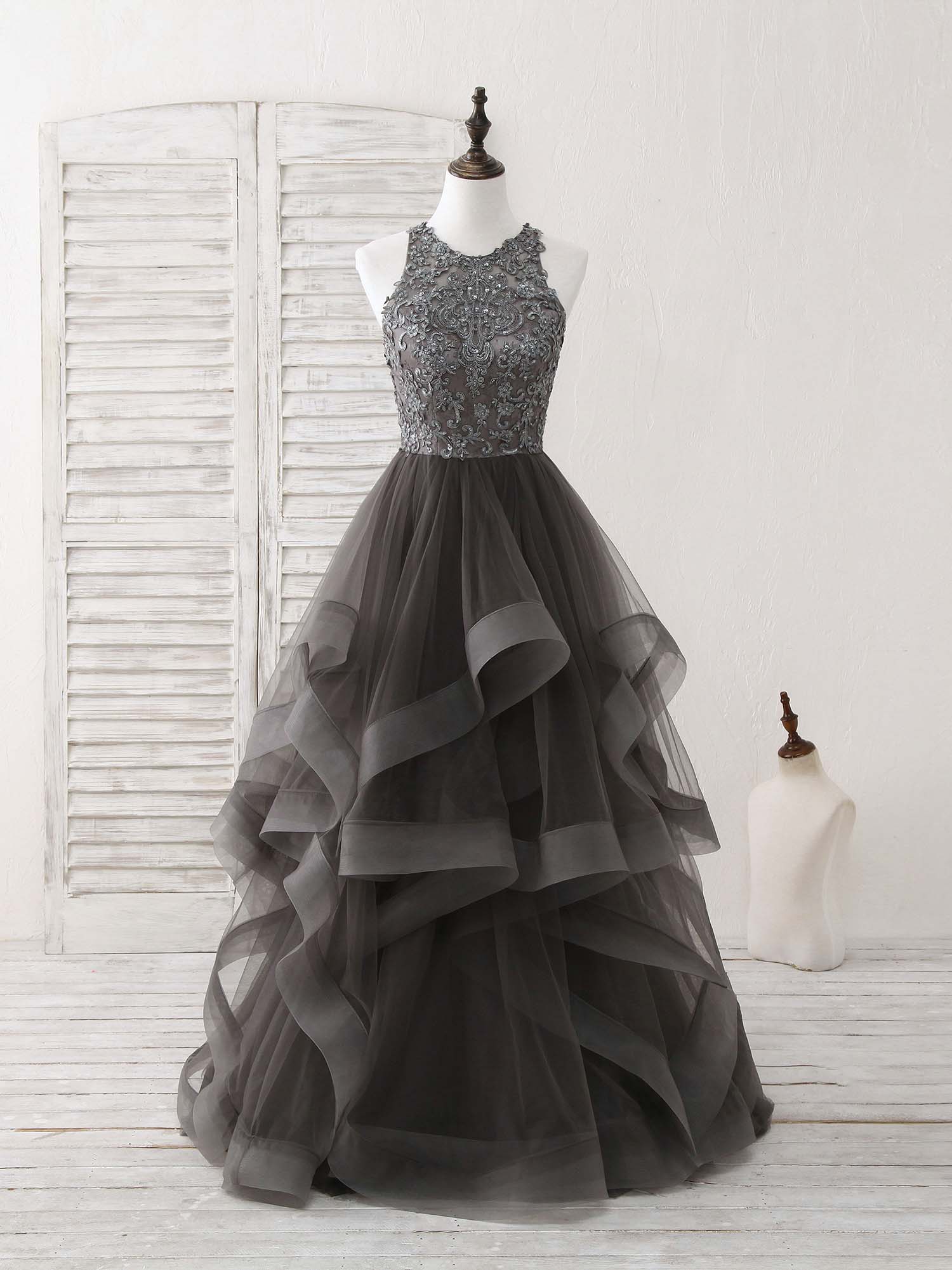 Unique Round Neck Lace Applique Tulle Long Corset Prom Dresses outfit, Winter Dress