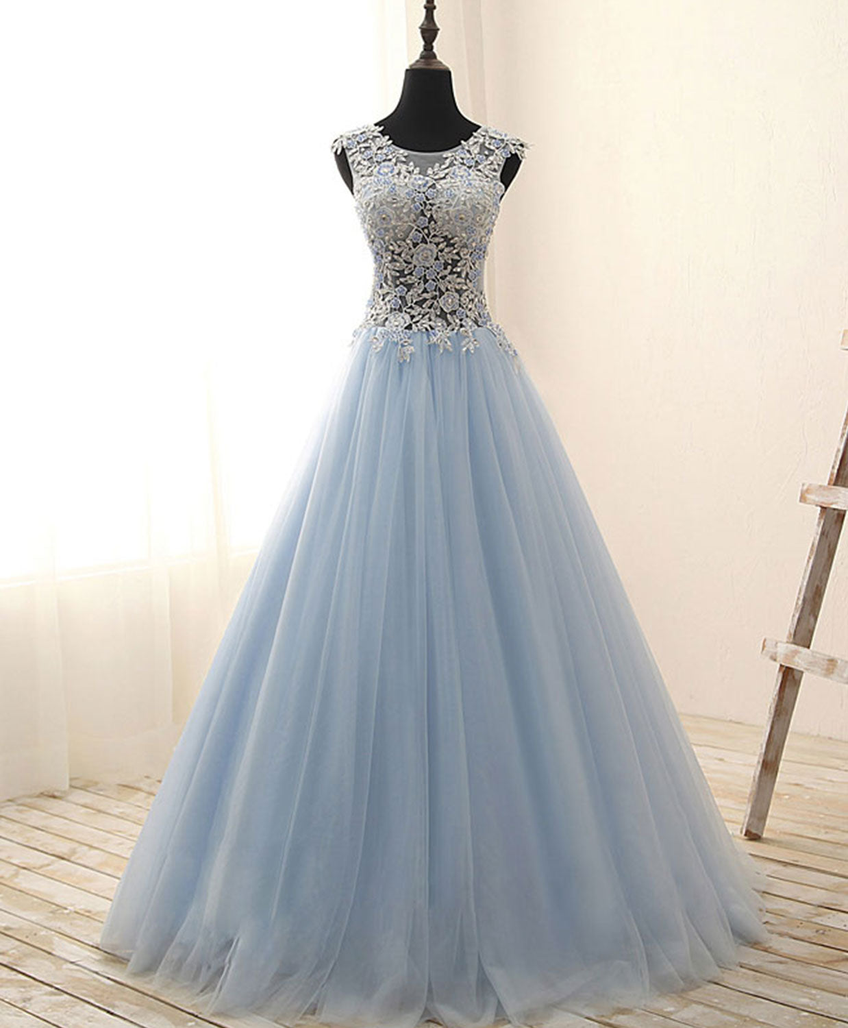 Unique Round Neck Tulle Lace Long Corset Prom Dress, Long Evening Dress outfit, Bridesmaids Dresses Fall