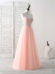 Unique Tulle Beads Long Corset Prom Dress, Tulle Evening Dress outfit, Bridesmaids Dress Blush