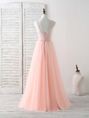 Unique Tulle Beads Long Corset Prom Dress, Tulle Evening Dress outfit, Bridesmaid Dresses Blushes