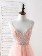 Unique Tulle Beads Long Corset Prom Dress, Tulle Evening Dress outfit, Bridesmaid Dress Blushes
