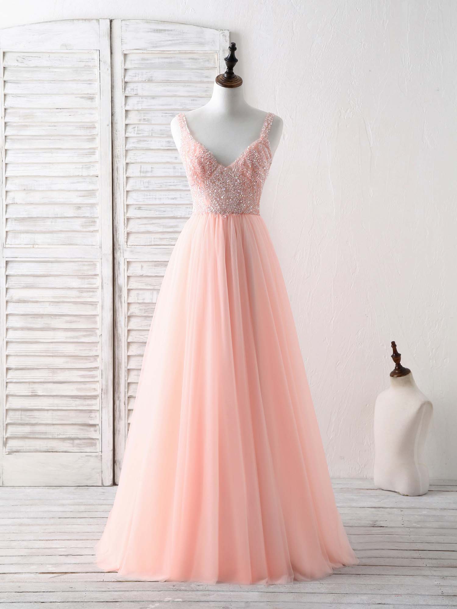 Unique Tulle Beads Long Corset Prom Dress, Tulle Evening Dress outfit, Bridesmaids Dresses Winter