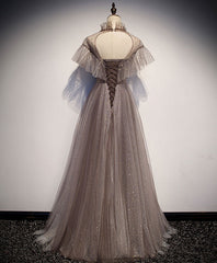 Unique Tulle Long Corset Prom Dress, Tulle Gray Evening Dress outfit, Prom Dresses With Slits