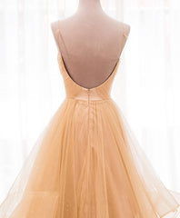 Unique V Neck Tulle A-Line Long Corset Prom Dress Tulle Corset Formal Dress outfit, Prom Dresses With Long Sleeves