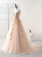 Unique V Neck Tulle Lace Applique Long Corset Prom Dress, Evening Dress outfit, Bridesmaid Dresses Winter Wedding