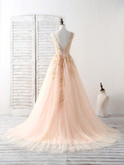Unique V Neck Tulle Lace Applique Long Corset Prom Dress, Evening Dress outfit, Bridesmaid Dresses For Winter Wedding