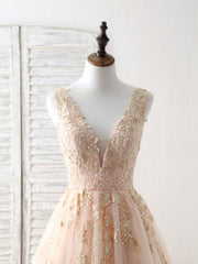 Unique V Neck Tulle Lace Applique Long Corset Prom Dress, Evening Dress outfit, Bridesmaid Dress Vintage