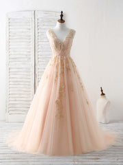 Unique V Neck Tulle Lace Applique Long Corset Prom Dress, Evening Dress outfit, Bridesmaids Dresses Winter Wedding