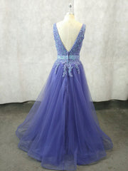 Unique V Neck Tulle Lace Applique Long Corset Prom Dress, Tulle Evening Dress outfit, Quince Dress