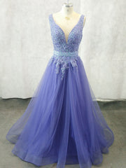 Unique V Neck Tulle Lace Applique Long Corset Prom Dress, Tulle Evening Dress outfit, Short Dress