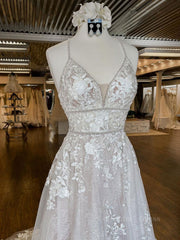 Unique v neck tulle lace long Corset Prom dress, lace Corset Wedding dress outfit, Wedding Dresses Satin