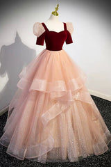 Unique Velvet Long A-Line Corset Prom Dress with Ruffles, Cute Evening Party Dress Outfits, Bridesmaid Dress Shop