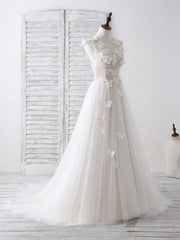 Unique White Round Neck Tulle 3D Lace Applique Long Corset Prom Dresses outfit, Bridesmaid Dress Affordable