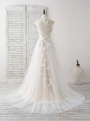Unique White Round Neck Tulle 3D Lace Applique Long Corset Prom Dresses outfit, Bridesmaids Dress Affordable