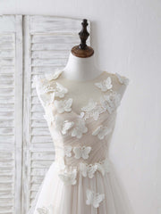 Unique White Round Neck Tulle 3D Lace Applique Long Corset Prom Dresses outfit, Bridesmaids Dresses Cheap