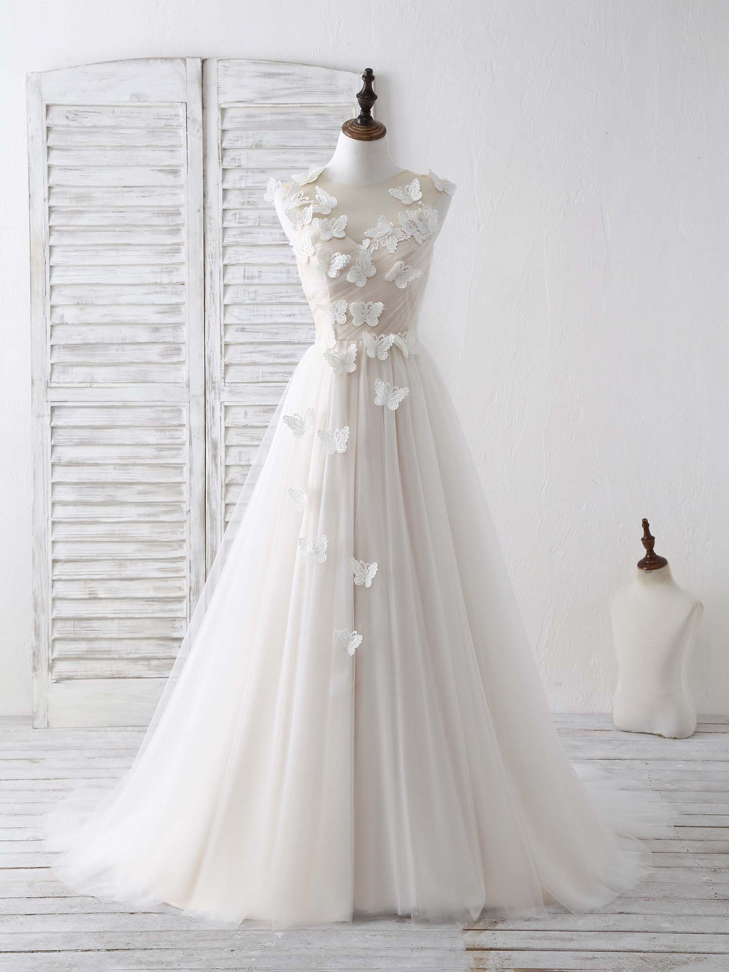 Unique White Round Neck Tulle 3D Lace Applique Long Corset Prom Dresses outfit, Bridesmaids Dresses Affordable