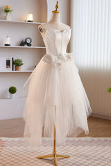 Unique White Strapless Irregular Tulle Short Corset Prom Dress, White Party Dress Outfits, Prom Dress Yellow