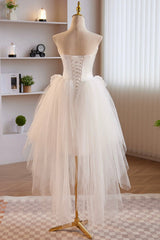 Unique White Strapless Irregular Tulle Short Corset Prom Dress, White Party Dress Outfits, Prom Dresses Green Emerald