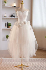 Unique White Strapless Irregular Tulle Short Corset Prom Dress, White Party Dress Outfits, Prom Dresses Gold