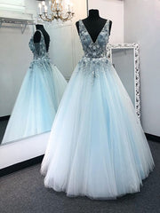 V Neck 3D Floral Blue Lace Beaded Long Corset Prom Dresses, Blue Lace Floral Corset Formal Evening Dresses outfit, Formal Dresses Pink