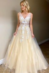V-Neck A-Line Corset Prom Dress with Appliques Gowns, V-Neck A-Line Prom Dress with Appliques