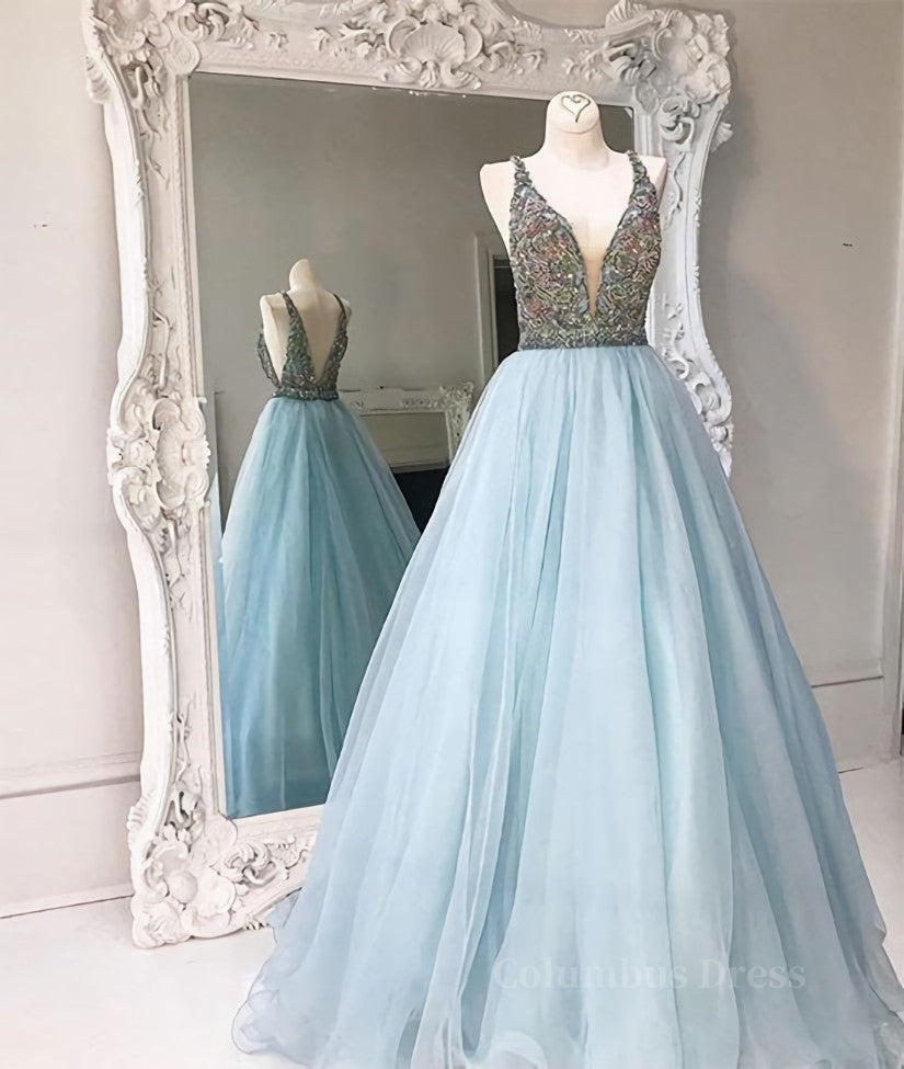 V Neck And V Back Sequin Tulle Long Blue Corset Prom Dresses, Blue Evening Dresses outfit, Bridesmaid Dresses Color Schemes