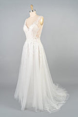 V-neck Appliques Tulle A-line Corset Wedding Dress outfit, Wedding Dresses Website