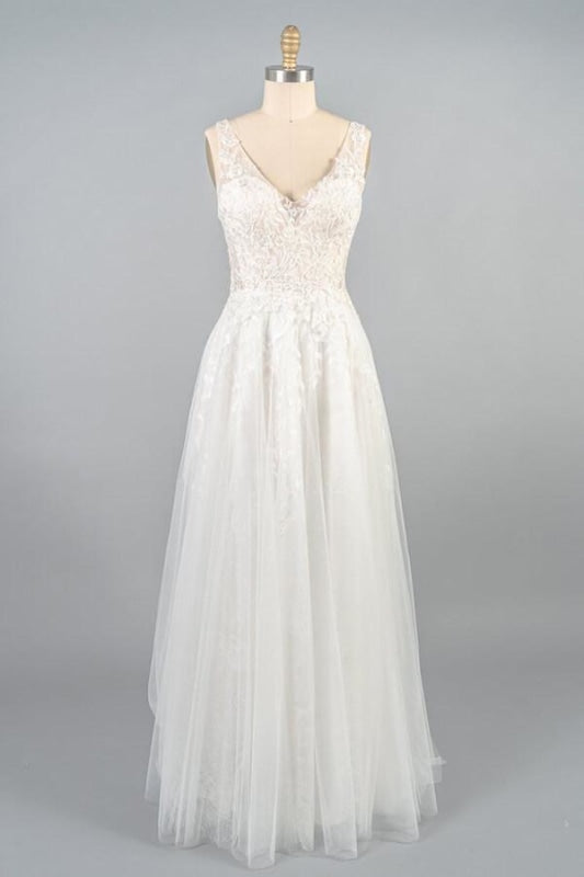 V-neck Appliques Tulle A-line Corset Wedding Dress outfit, Wedding Dress Modern