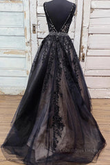 V Neck Backless Black Lace Long Corset Prom Dress, Black Lace Corset Formal Dress, Black Evening Dress outfit, Evening Dresses Online