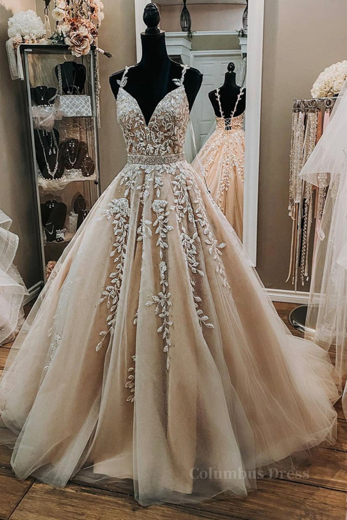 V Neck Backless Champagne Tulle Lace Long Corset Prom Dresses, Champagne Lace Corset Formal Evening Dresses, Champagne Corset Ball Gown outfits, Formal Dress For Teen