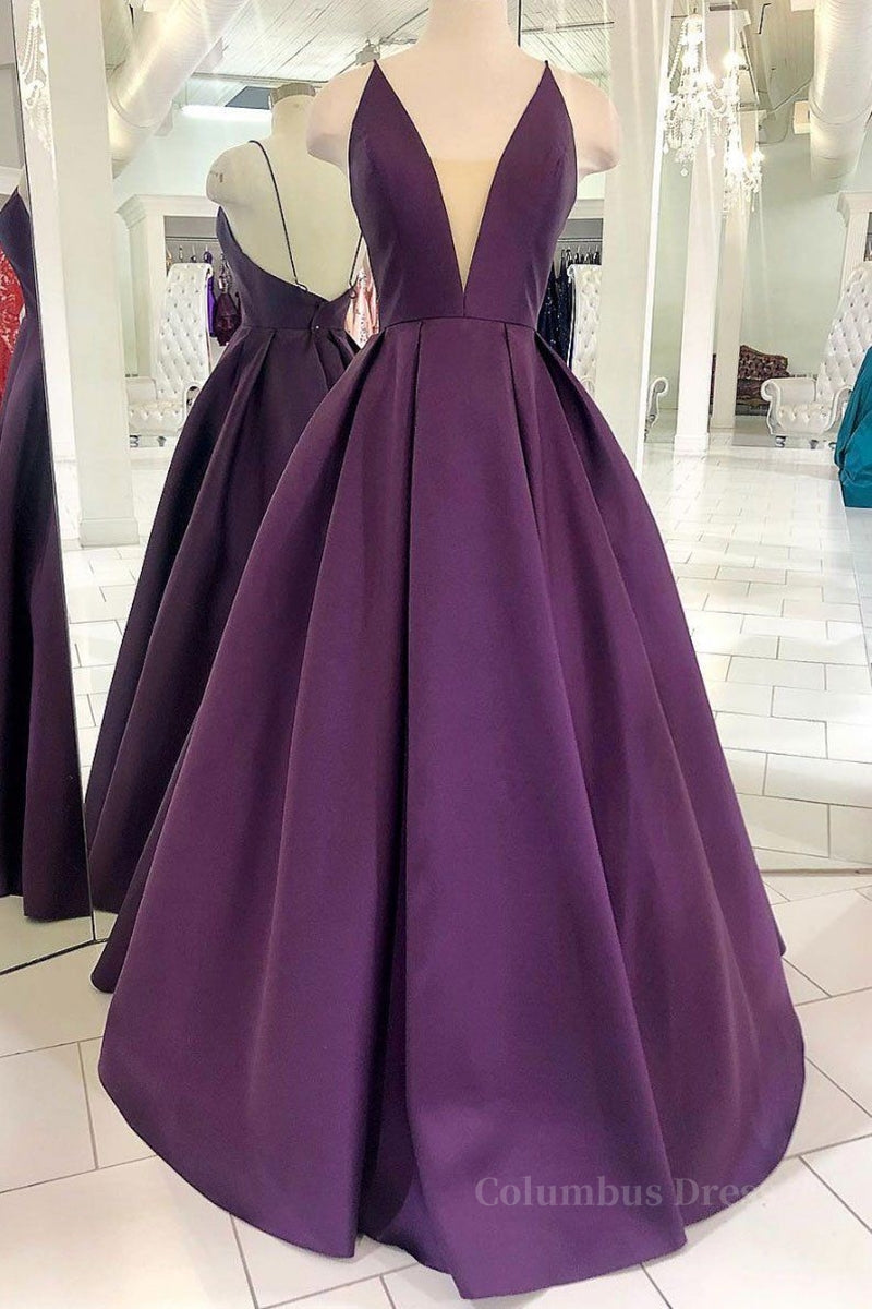 V Neck Backless Purple Satin Long Corset Prom Dress, Backless Purple Corset Formal Dress, Purple Evening Dress outfit, Homecomming Dress Long