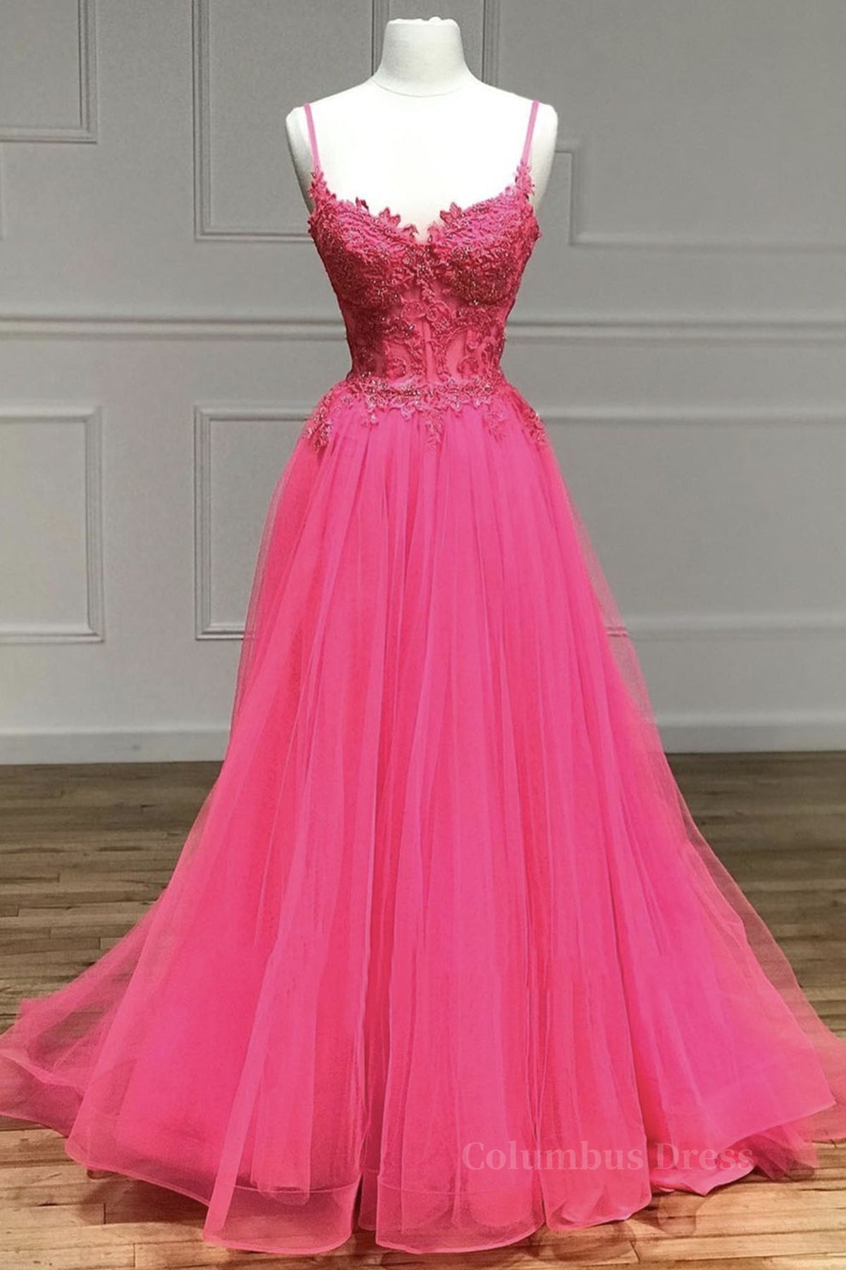 V Neck Beaded Hot Pink Lace Tulle Long Corset Prom Dresses, Hot Pink Lace Corset Formal Dresses, Hot Pink Evening Dresses outfit, Formal Dress Elegant Classy