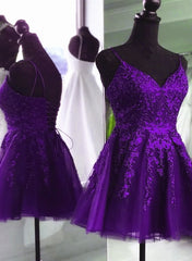 V Neck Beaded Purple Lace Corset Prom Dress, Purple Lace Corset Homecoming Dress Short Party Dress Outfits, Bridesmaid Dress With Sleeves