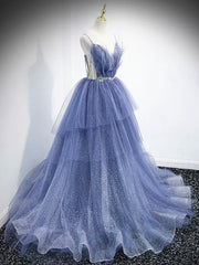V Neck Blue Beaded Layered Long Corset Prom Dresses, Blue High Low Corset Formal Graduation Dresses outfit, Wedding Decor