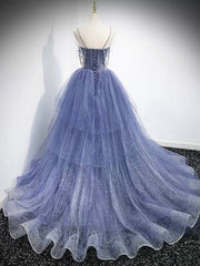 V Neck Blue Beaded Layered Long Corset Prom Dresses, Blue High Low Corset Formal Graduation Dresses outfit, Bridesmaid Dresses Purple