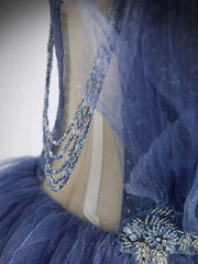 V Neck Blue Beaded Layered Long Corset Prom Dresses, Blue High Low Corset Formal Graduation Dresses outfit, Long Sleeve Wedding Dress